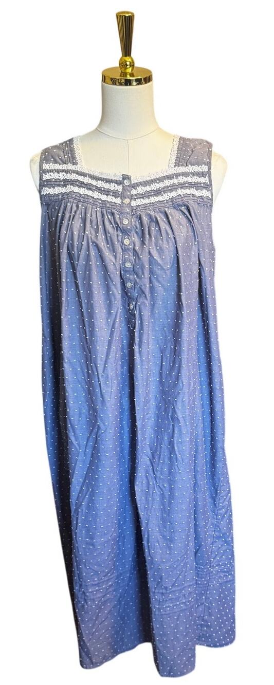 Eileen West Blue Swiss Dot Sleeveless Nightgown Lace Trim Button Front Size L